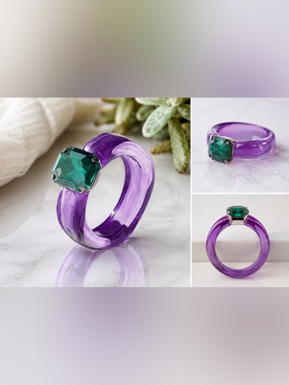 Astrid Purple Acrylic Resin Ring Emerald Green Stone Statement Jewelry 7 NWT - Picture 5 of 6
